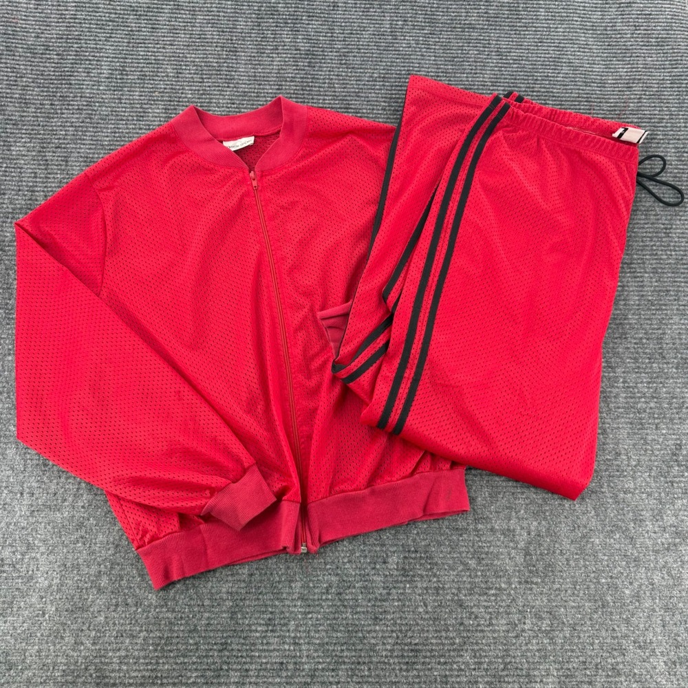 Caren Sport Vintage Womens Red Mesh Tracksuit Set Jacket Pants Athletic